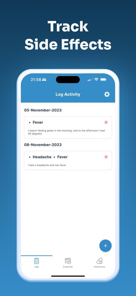 Pill Reminder l Med Tracker - Una interfaz móvil para rastrear los efectos secundarios de la medicación, incluyendo registros de fiebre y dolor de cabeza en fechas específicas