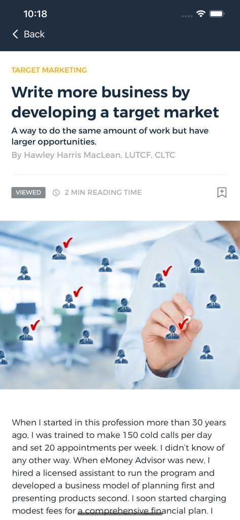 The MDRT Academy - A professional development article on target marketing for financial advisors within the MDRT Academy app