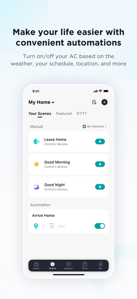 The SmartHome app interface displaying a list of manual scenes like Leave Home and Good Morning alongside automated routines for smart devices.