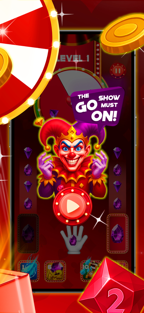 Holiday Mania - Holiday Mania game menu featuring a festive joker character with a large play button and falling gems.