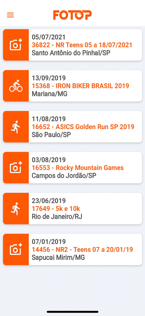 List of athletic events and races in the Fotop mobile app