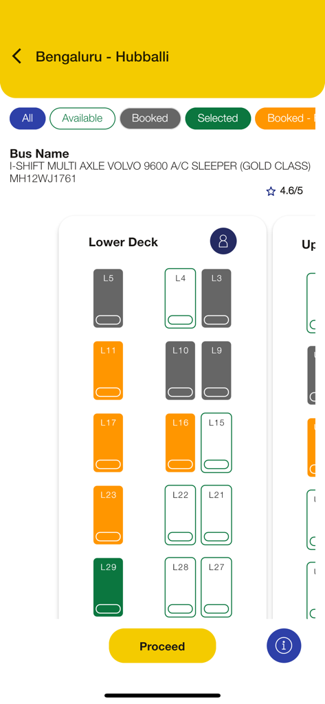 Vijayanand Travels - Seat layout screen for booking a luxury sleeper bus ticket from Bengaluru to Hubballi on the Vijayanand Travels app
