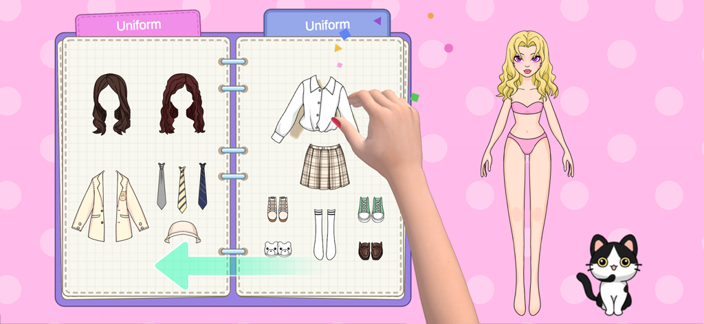 Selecting a school uniform outfit from a notebook for a paper doll character in a DIY dress up game