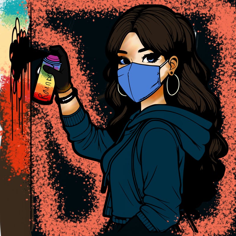 realistic girl with mask spray painting a wall