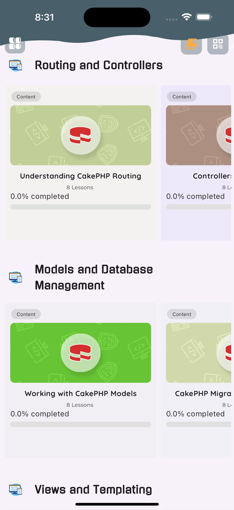Interface of the Learn CakePHP Framework app displaying course modules for routing, controllers, models, and database management.