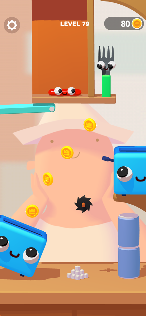 Fork N Sausage game screenshot showing a cartoon sausage and fork in a physics puzzle level with toaster obstacles and golden coins