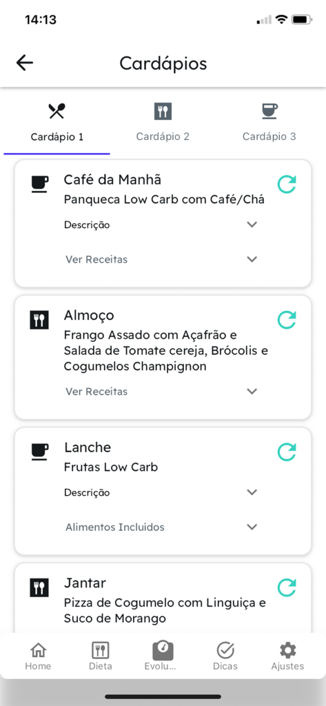 Desafio Diabetes - Low Carb - A mobile app screen showing a daily low-carb meal plan with sections for breakfast lunch snacks and dinner