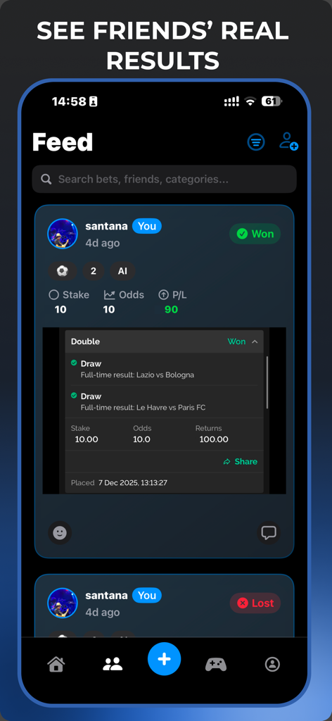 Zort mobile app social feed showing verified betting results profit and loss and friend activity