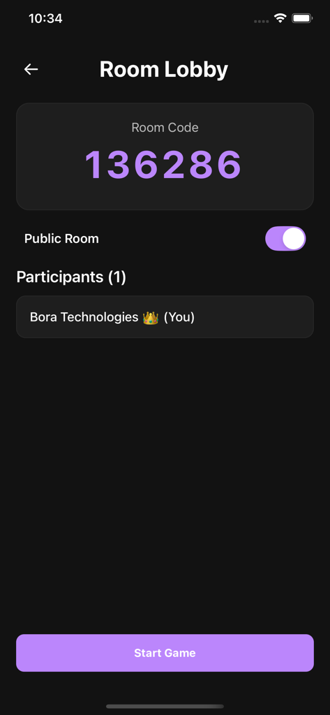 Name Place Animal Thing - A multiplayer room lobby screen in the Name Place Animal Thing app showing a room code and start game button.
