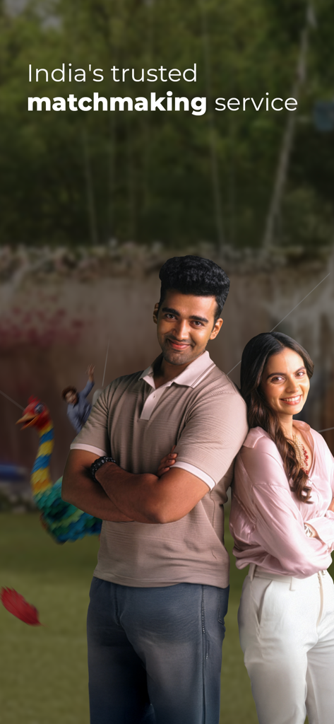 A man and woman standing back to back smiling on the Shaadi.com app welcome screen