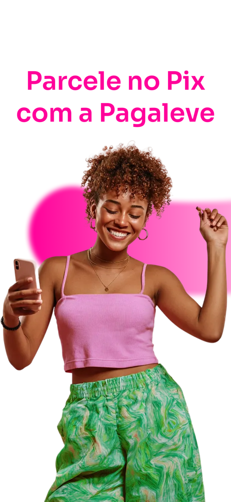 Smiling young woman holding a smartphone with text describing interest-free installments via Pix with Pagaleve.