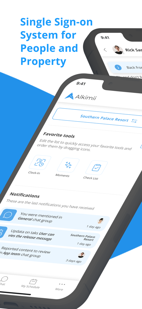 Alkimii mobile app interface showing workforce management tools and notifications