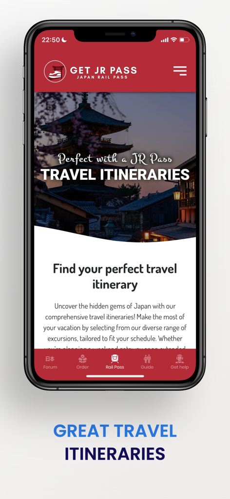 Japan Rail Pass - by Getjrpass - Interface do aplicativo Japan Rail Pass mostrando roteiros de viagem e planejamento de viagens para o Japão
