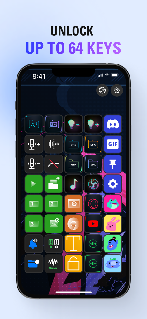 Ein iPhone zeigt ein angepasstes Raster von vierundsechzig bunten Aktionstasten in der Elgato Stream Deck Mobile App an