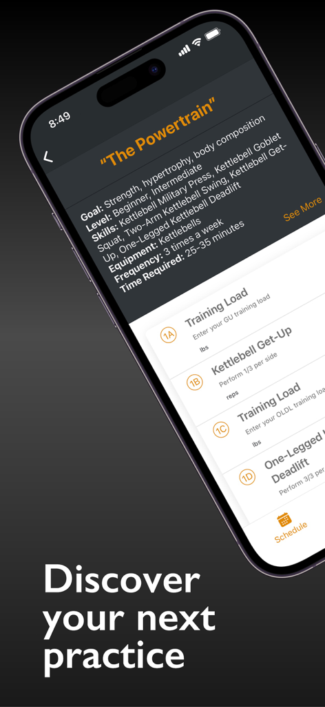 StrongFirst - Interface of the StrongFirst app displaying the Powertrain kettlebell training program details.