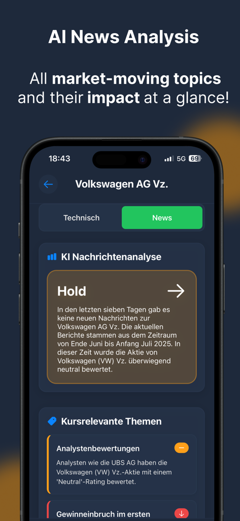 ChartDetector AI - Interfaz de la aplicación ChartDetector AI mostrando análisis de noticias potenciado por IA para una acción con una recomendación de mantener
