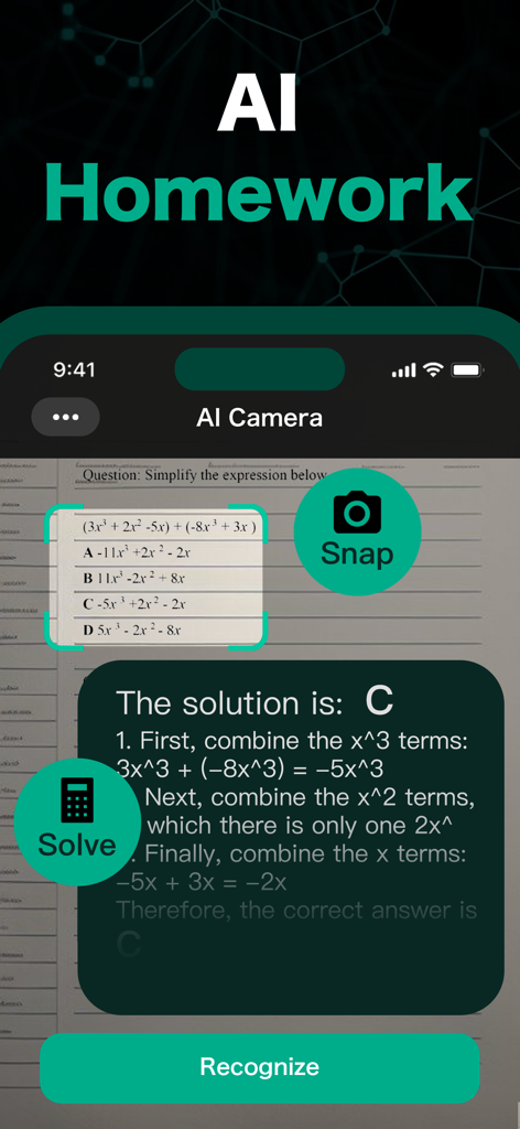AI Chatbot : Ask AI Anything - Interfaz de la aplicación Chatbot de IA que muestra la función de Cámara de IA escaneando y resolviendo un complejo problema de tarea de matemáticas con instrucciones paso a paso.