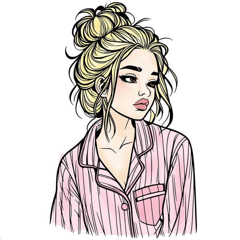 realistic woman with pajamas on and a messy bun