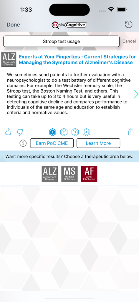 Neurology @Point of Care - Clinical decision support screen for Alzheimer disease management within the Neurology app.