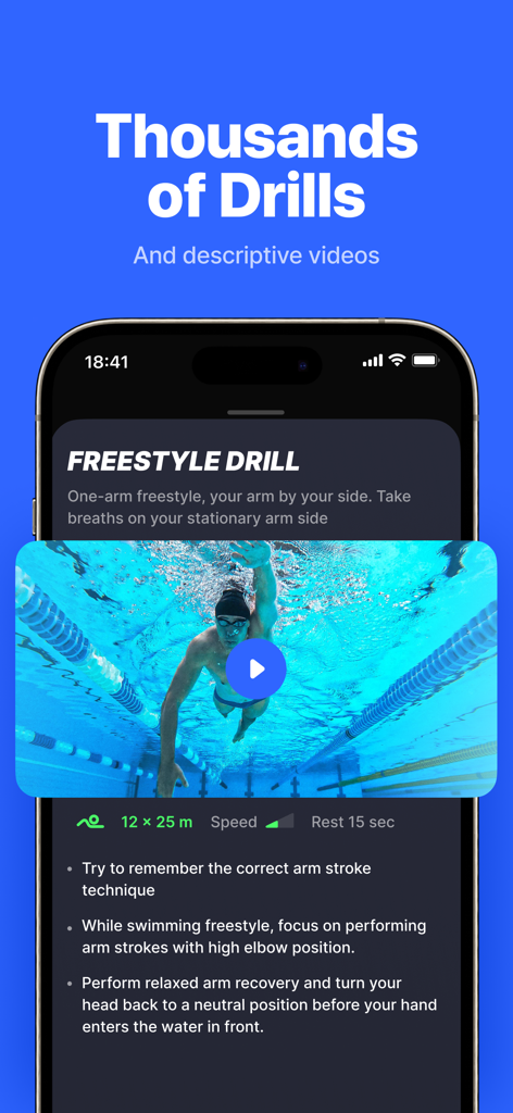 SwimUp: Swimming Workouts App - SwimUp app displaying a freestyle swimming drill with a video tutorial.