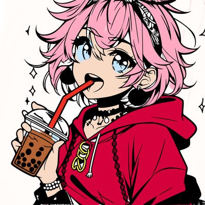 hot baddie anime girl drinking boba and biting the straw