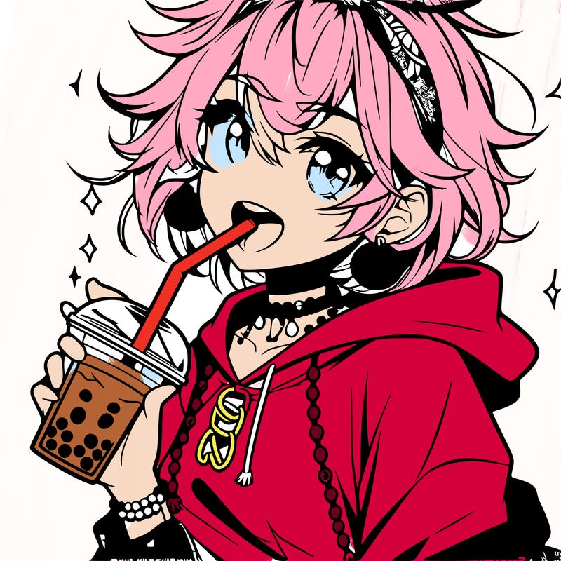 hot baddie anime girl drinking boba and biting the straw