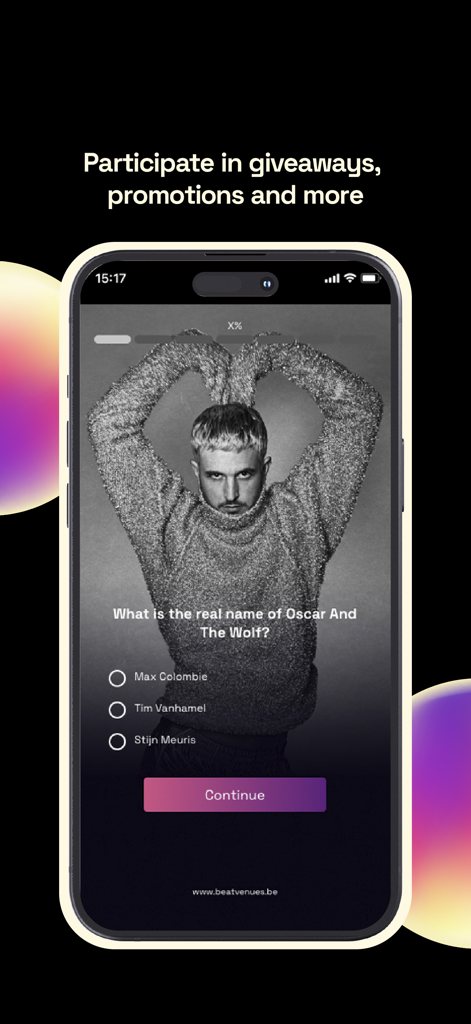 be·at Venues - Captura de pantalla de la pantalla de sorteos y promociones en la aplicación Beat Venues con una pregunta de trivia sobre un artista musical