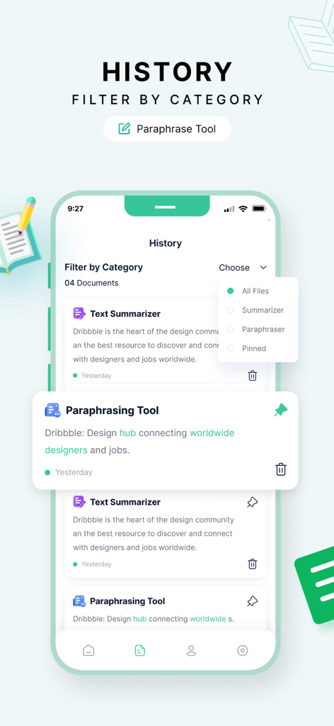 Text Summarizer - Tela de histórico do aplicativo Sumarizador de Texto por IA mostrando uma lista de documentos resumidos e parafraseados com opções de filtro de categoria