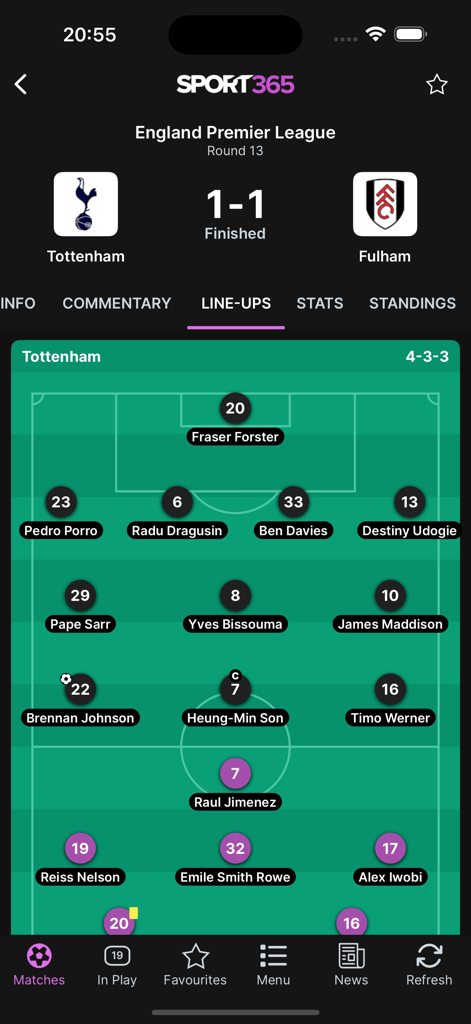 A screenshot of the Sport365 app showing a tactical football lineup for a Premier League match between Tottenham and Fulham.