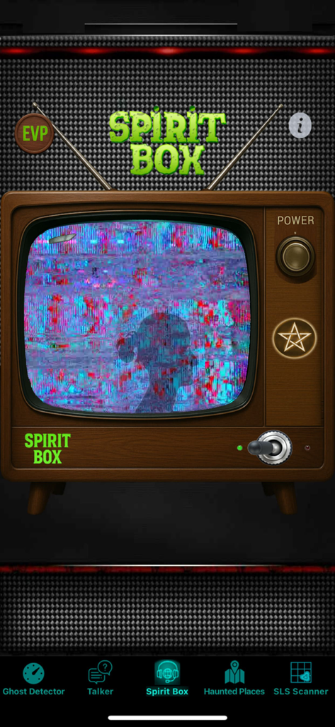Spirit Contact Talker - The Spirit Box feature of the Spirit Contact Talker app showing a retro television interface with a ghostly silhouette on a static screen.