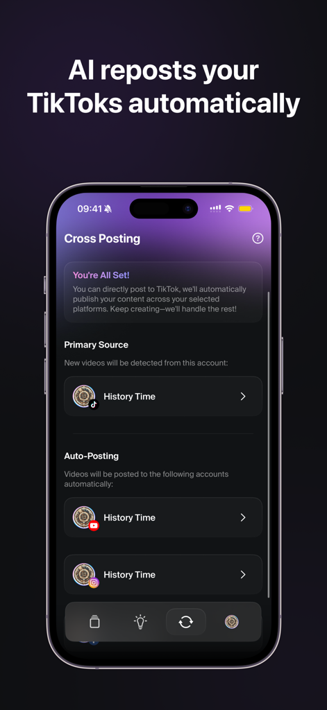 Blow Up: Go Viral With AI - Interface d'application mobile montrant le repostage croisé automatique par IA de vidéos TikTok vers YouTube et Instagram