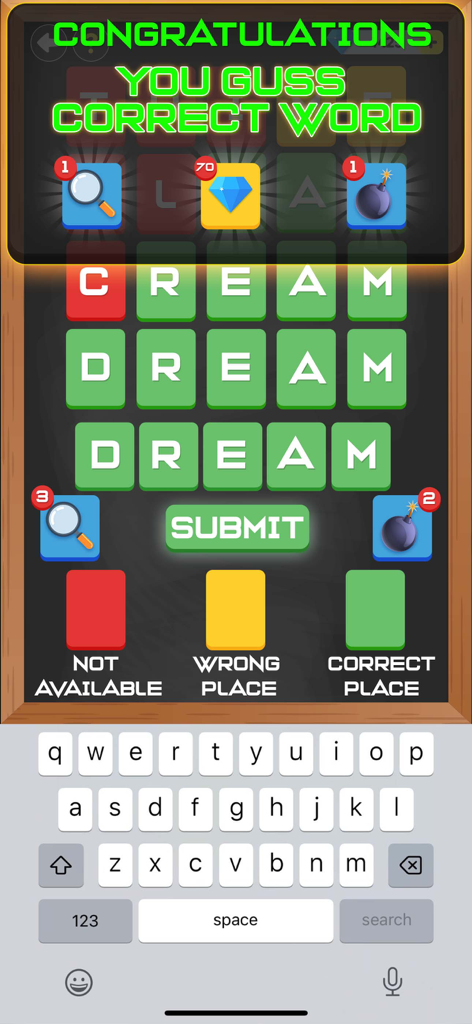 Wordall - Daily Word Test Game - Wordall mobile game interface showing a completed word puzzle and congratulations message