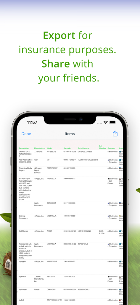 Nest Egg - Inventory - A detailed home inventory list in the Nest Egg app showing items with serial numbers and insurance export options
