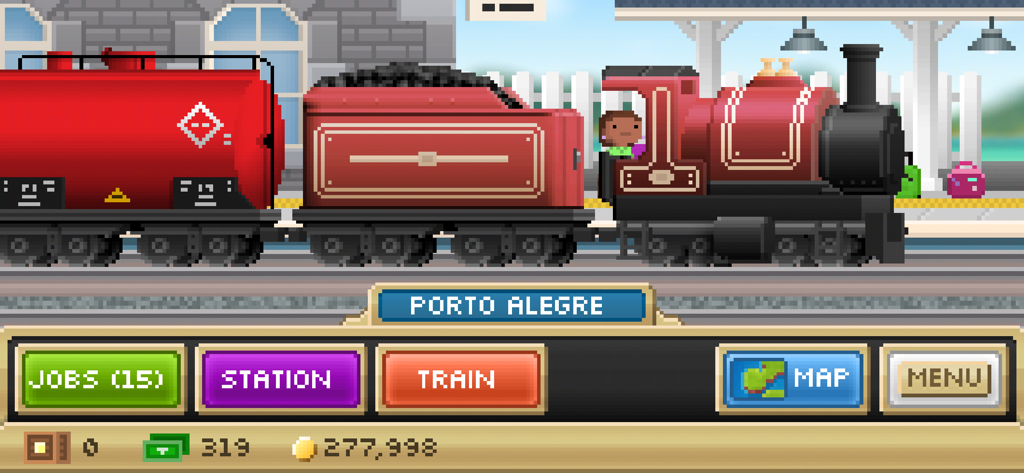 Pocket Trains: Railroad Tycoon - A red and black pixel art train at the Porto Alegre station in the Pocket Trains mobile game