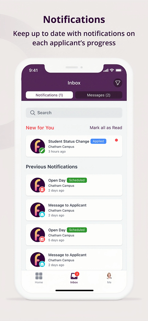 OpenApply - OpenApply mobile app inbox screen displaying notifications for student status changes and school open days