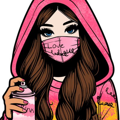 girl wearing a mask with long hair with her hood up spray-painting realistic