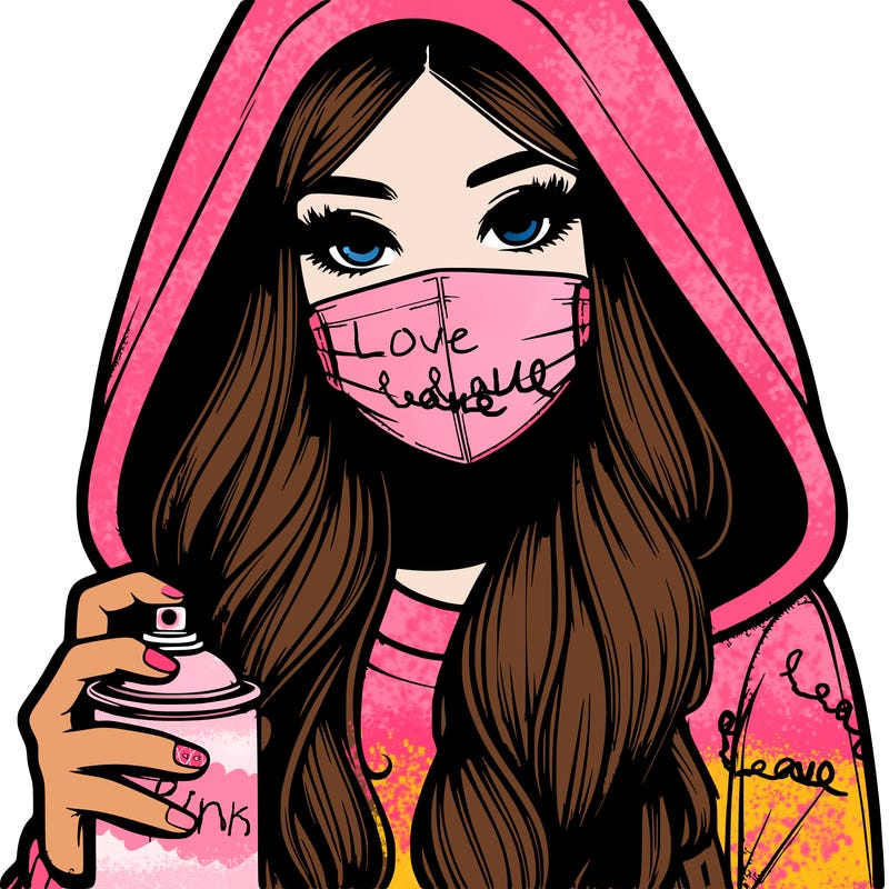 girl wearing a mask with long hair with her hood up spray-painting realistic
