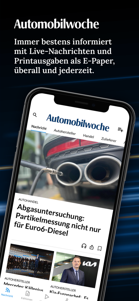 Automobilwoche Nachrichten - Smartphone screen showing the Automobilwoche app with headlines about the automotive industry