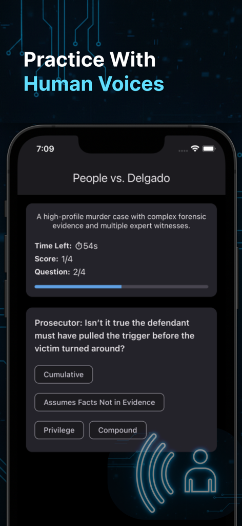 Objection Academy app interface showing a legal trial simulation drill with human voice practice and multiple choice objection options.