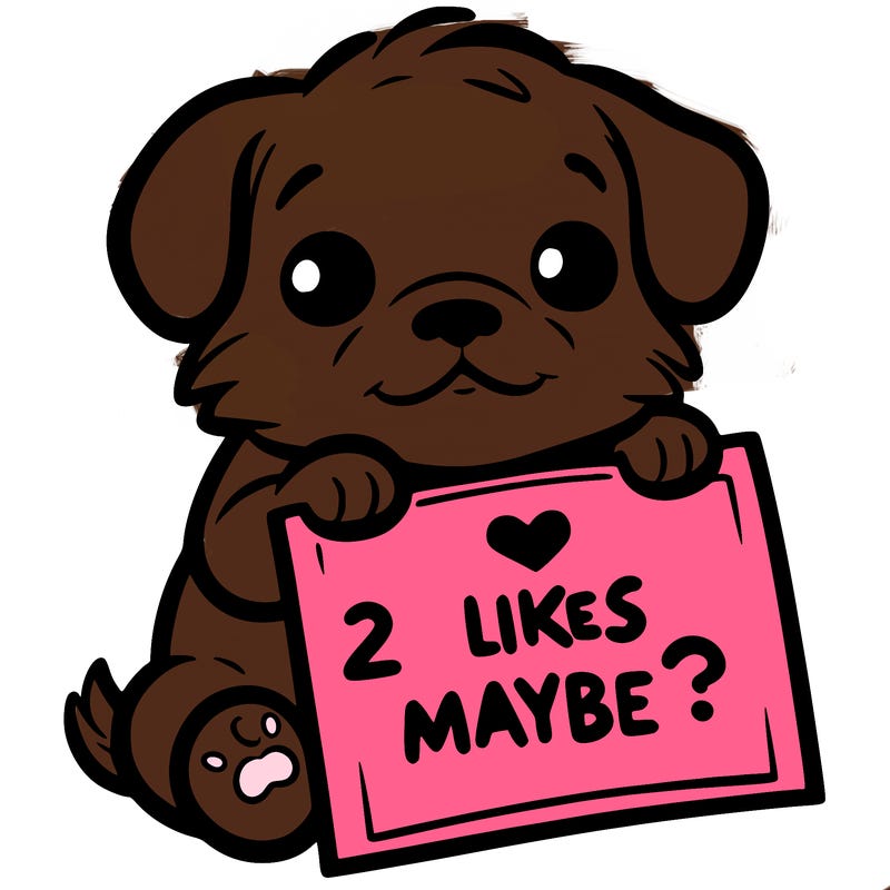 a puppy holding a sign that says 2 likes maybe?