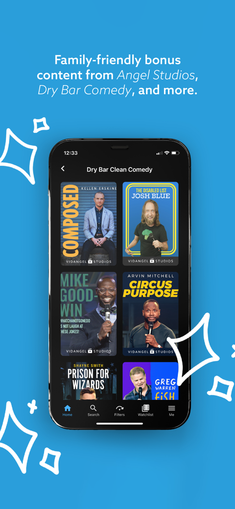 VidAngel - VidAngel app interface displaying family friendly clean comedy shows from Dry Bar Comedy