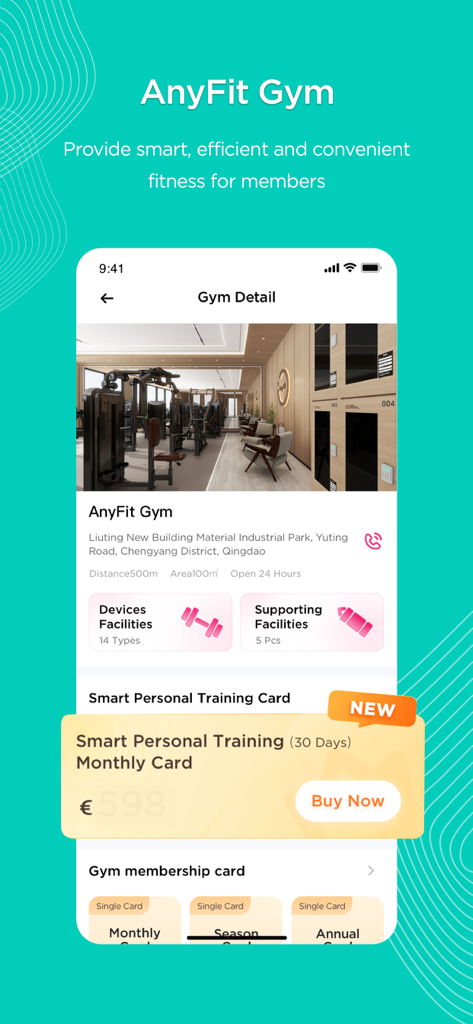 AnyFit - AnyFit App-Oberfläche, die Fitnessstudio-Einrichtungen und Smart-Personal-Training-Mitgliedschaftsoptionen anzeigt