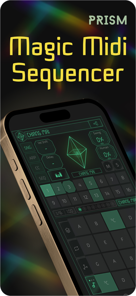Prism MIDI Sequencer - Un iPhone mostrando la interfaz del secuenciador MIDI Prism con su rejilla de secuenciador de pasos y controles de rendimiento