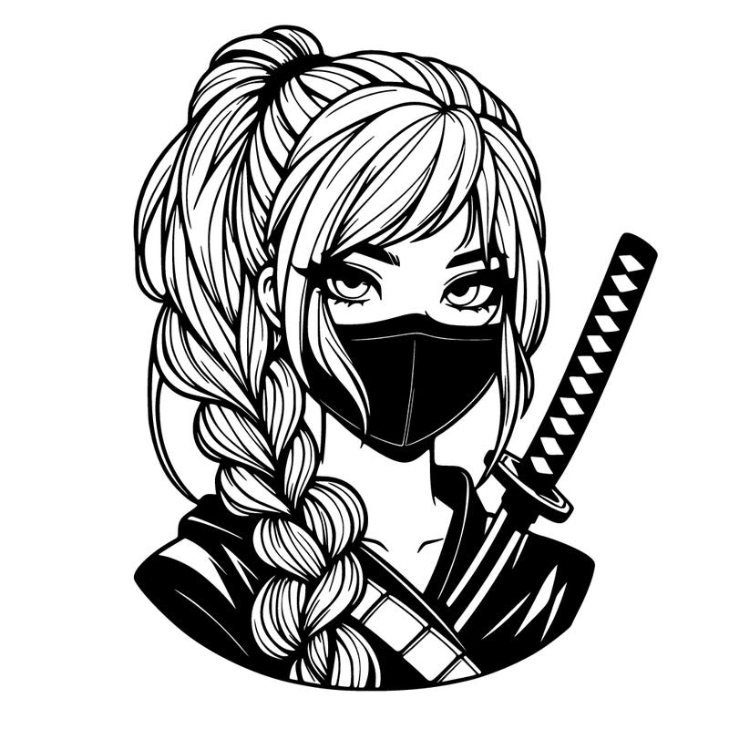 teenage girl ninja face half covered with mask long pigtail braids with katana in hand