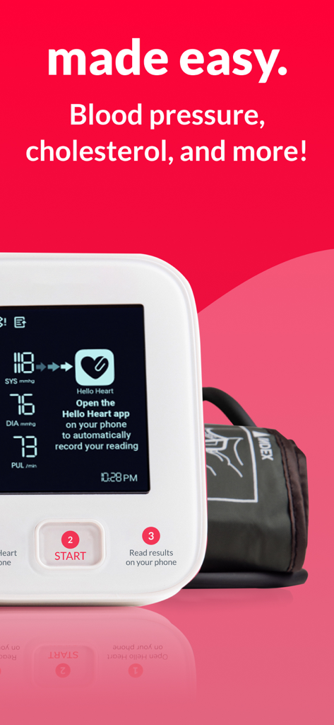 Hello Heart • For heart health - Un monitor de presión arterial que muestra una lectura e instrucciones para sincronizar automáticamente con la aplicación Hello Heart.
