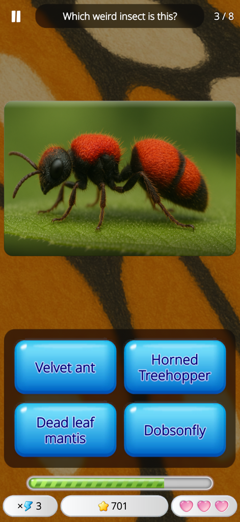 Guess the Animal: Quiz Game - Una captura de pantalla del juego móvil de Adivina el Animal que muestra una pregunta de trivia sobre la identificación de una hormiga de terciopelo roja con opciones de respuesta múltiple.