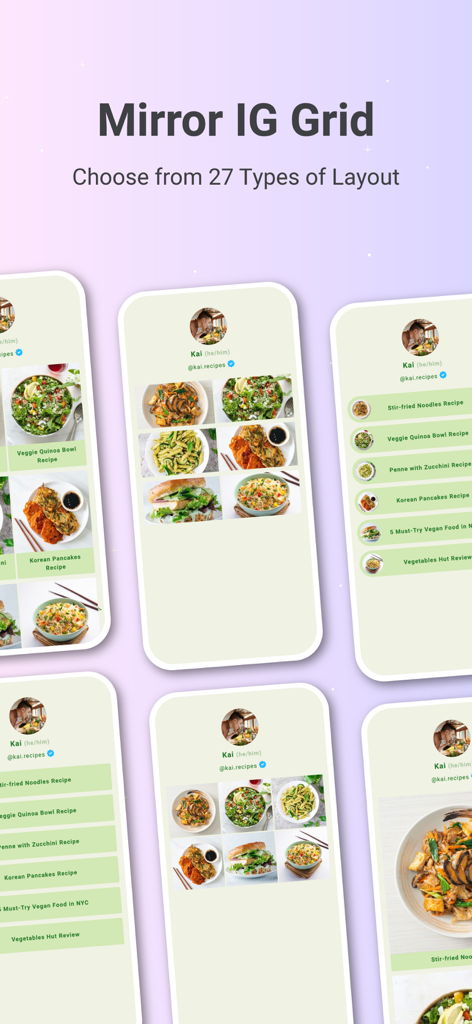 Lnk.Bio - Link in bio - Mobile app screens showing various link-in-bio page layouts that mirror an Instagram grid design.