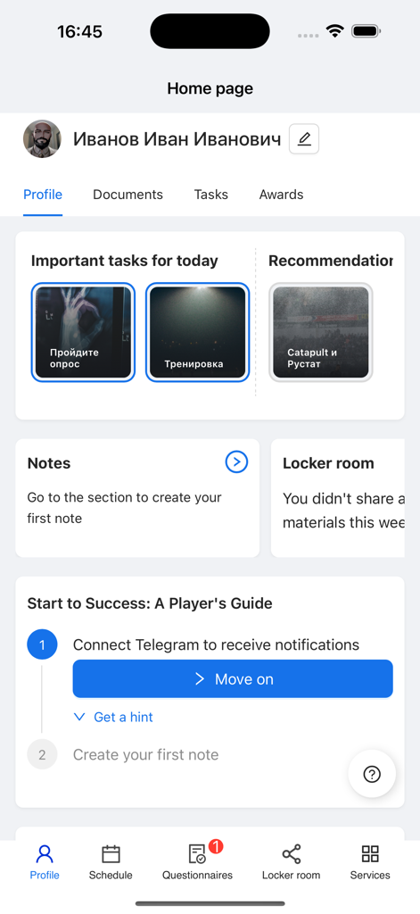 Manager 360 - Home page of the Manager 360 app for sports coaches showing user profile daily tasks and onboarding progress