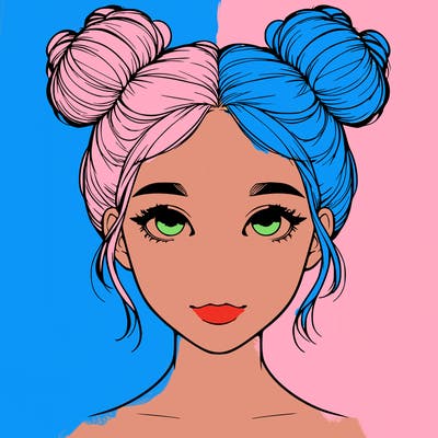 realistic girl with two buns on top of her head