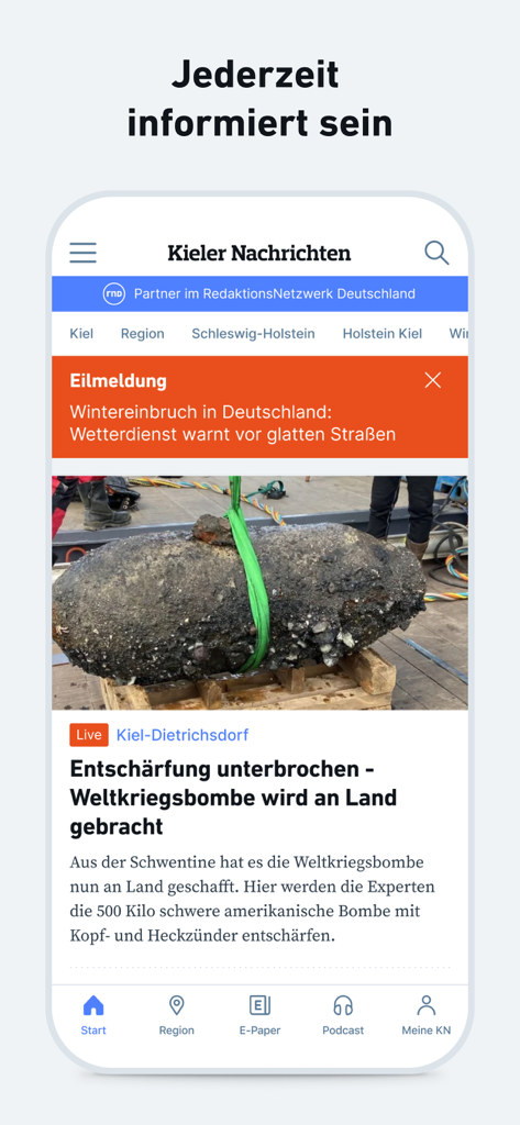 Interface de l'application d'actualités Kieler Nachrichten affichant des gros titres locaux et un flux d'actualités en allemand